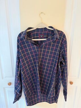 UNTUCKit Navy Plaid Shirt with Red and Tan Windowpane